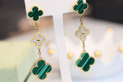 [Ornora Jewelry]CLOVER EARRINGS GOLD MALACHITE DIAMOND 3 MOTIF