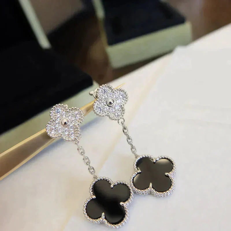 [Ornora Jewelry]CLOVER 2 MOTIFS  DIAMOND ONYX EARRINGS SILVER