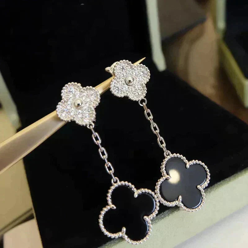 [Ornora Jewelry]CLOVER 2 MOTIFS  DIAMOND ONYX EARRINGS SILVER