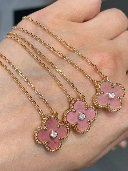 [Ornora Jewelry]CLOVER 15MM DIAMOND RHODONITE NECKLACE