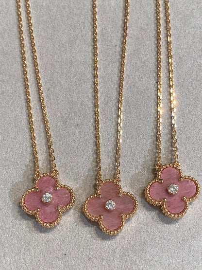 [Ornora Jewelry]CLOVER 15MM DIAMOND RHODONITE NECKLACE
