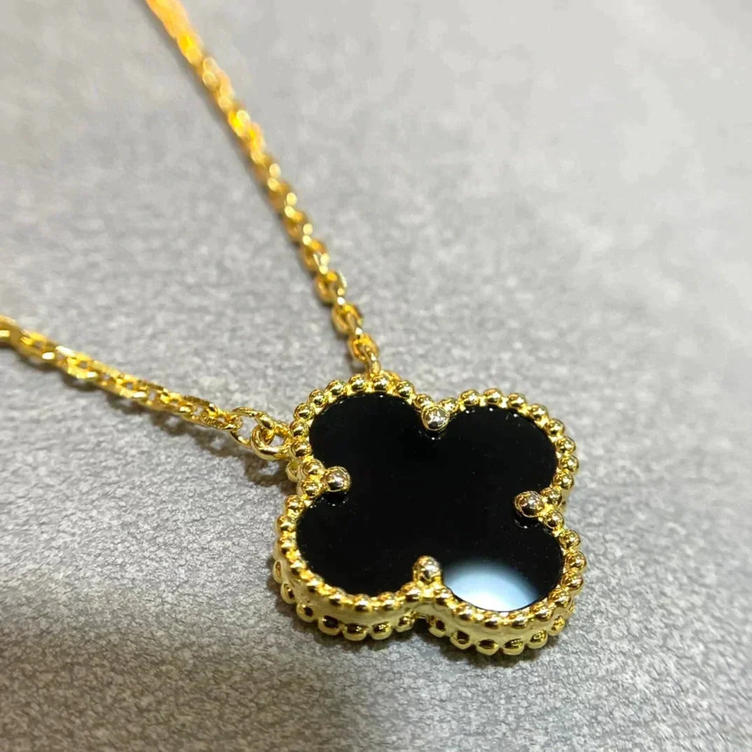 [Ornora Jewelry]CLOVER 15MM BLACK ONYX SINGLE FLOWER NECKLACE