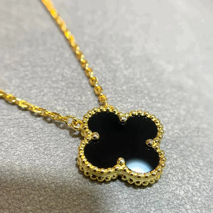 [Ornora Jewelry]CLOVER 15MM BLACK ONYX SINGLE FLOWER NECKLACE