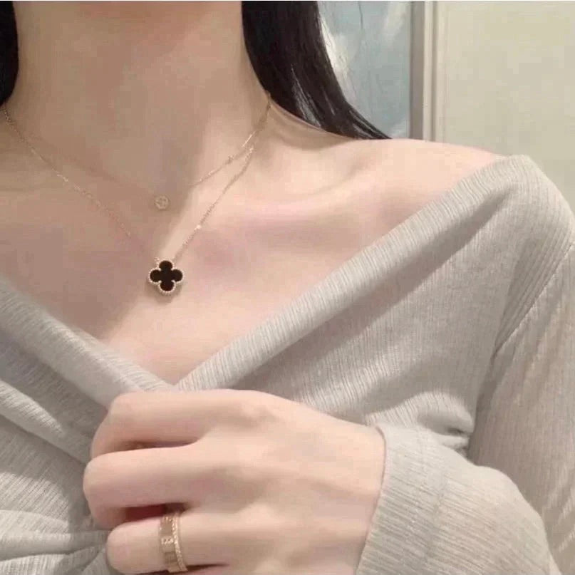 [Ornora Jewelry]CLOVER 15MM BLACK ONYX SINGLE FLOWER NECKLACE