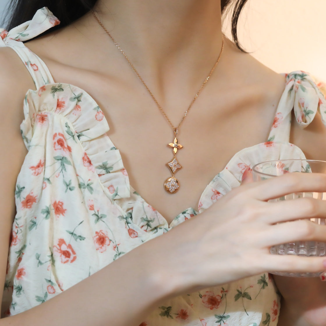[Ornora Jewelry]STAR AND SUN DIAMOND PINK GOLD NECKLACE