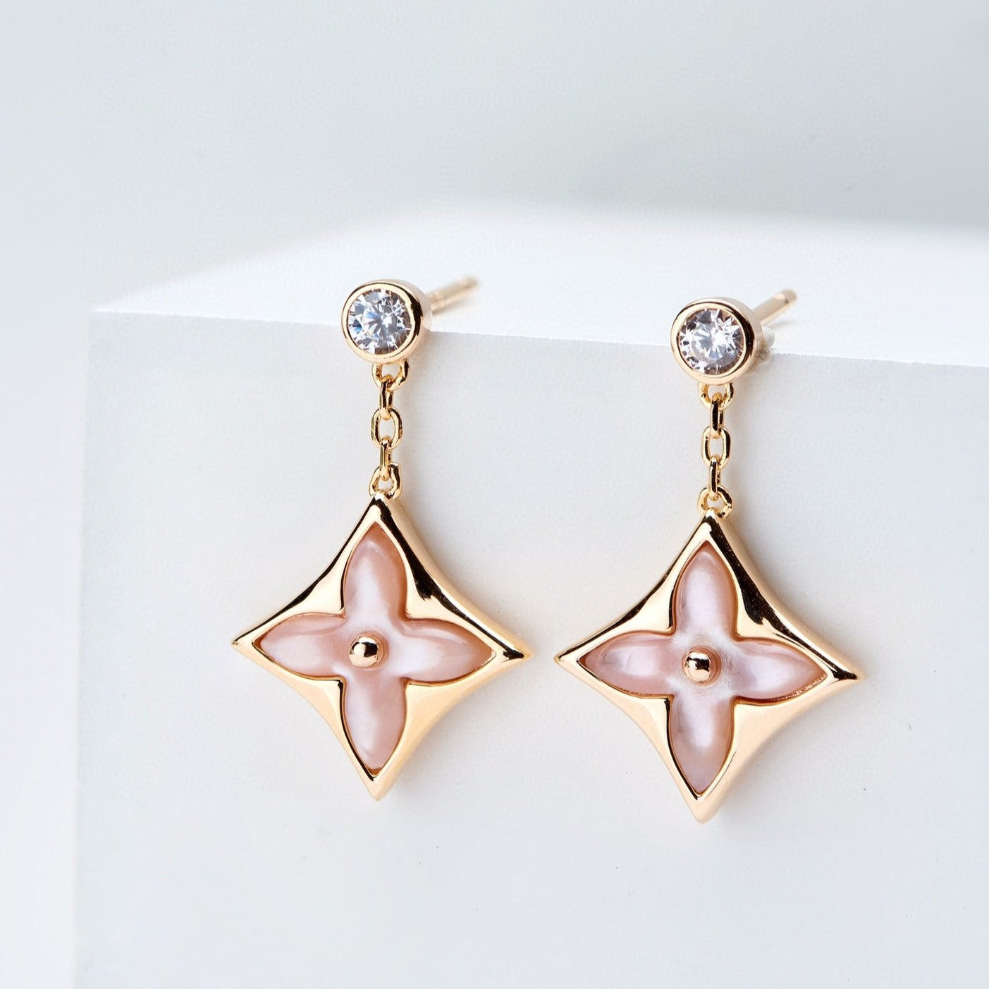 [Ornora Jewelry]DOUBLE STAR PINK GOLD MOP DROP EARRINGS