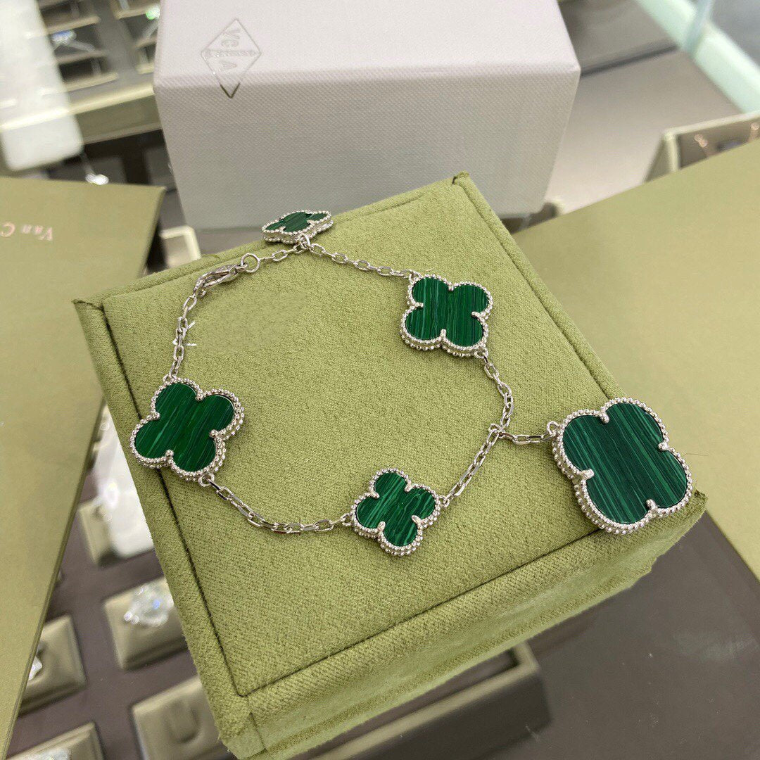 [Ornora Jewelry]CLOVER 5 MOTIFS SIVLER MALACHITE BRACELET