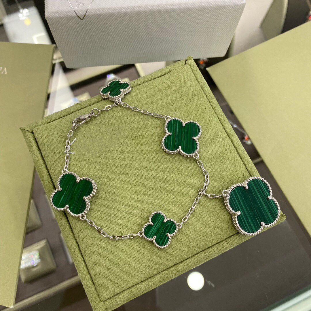 [Ornora Jewelry]CLOVER 5 MOTIFS SIVLER MALACHITE BRACELET