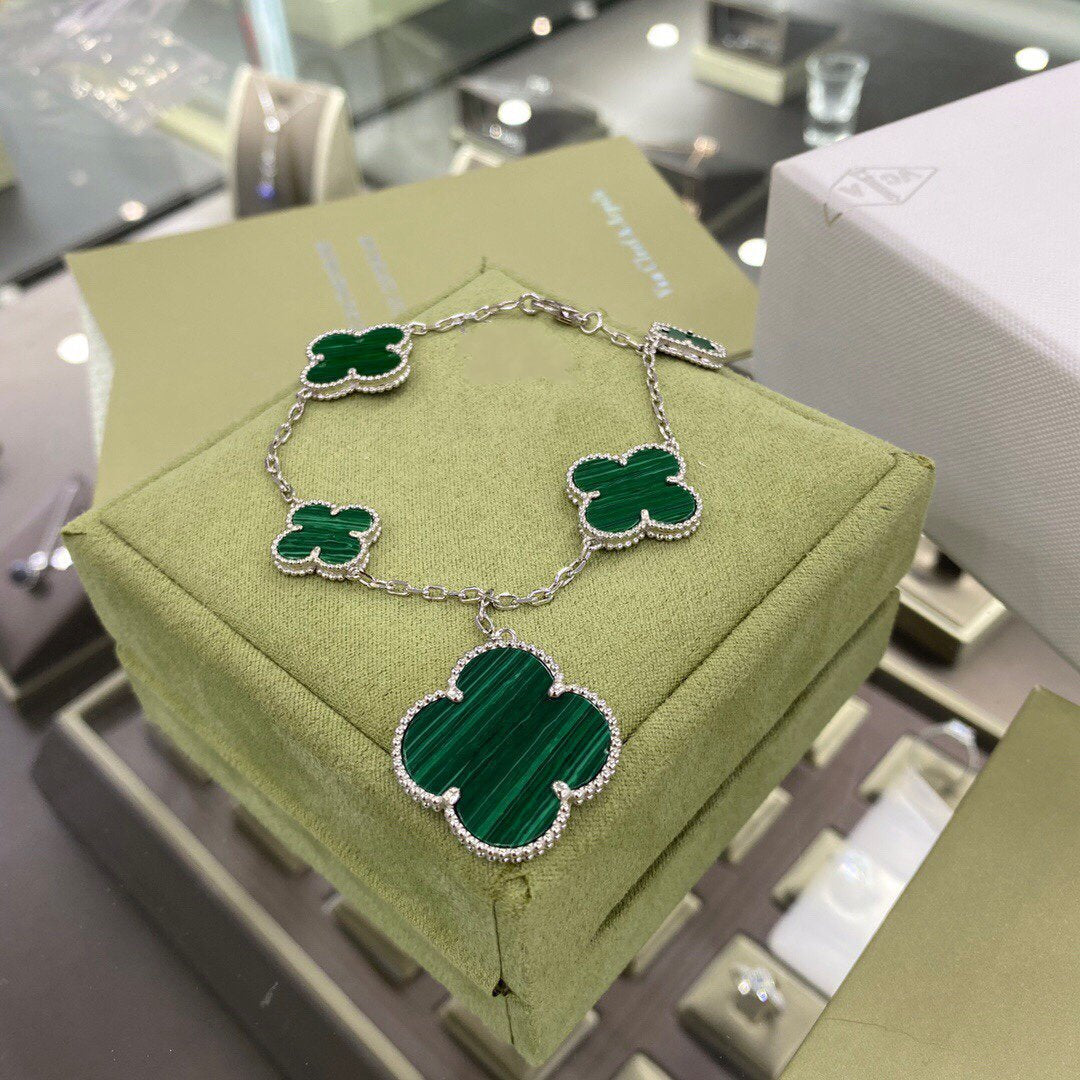 [Ornora Jewelry]CLOVER 5 MOTIFS SIVLER MALACHITE BRACELET
