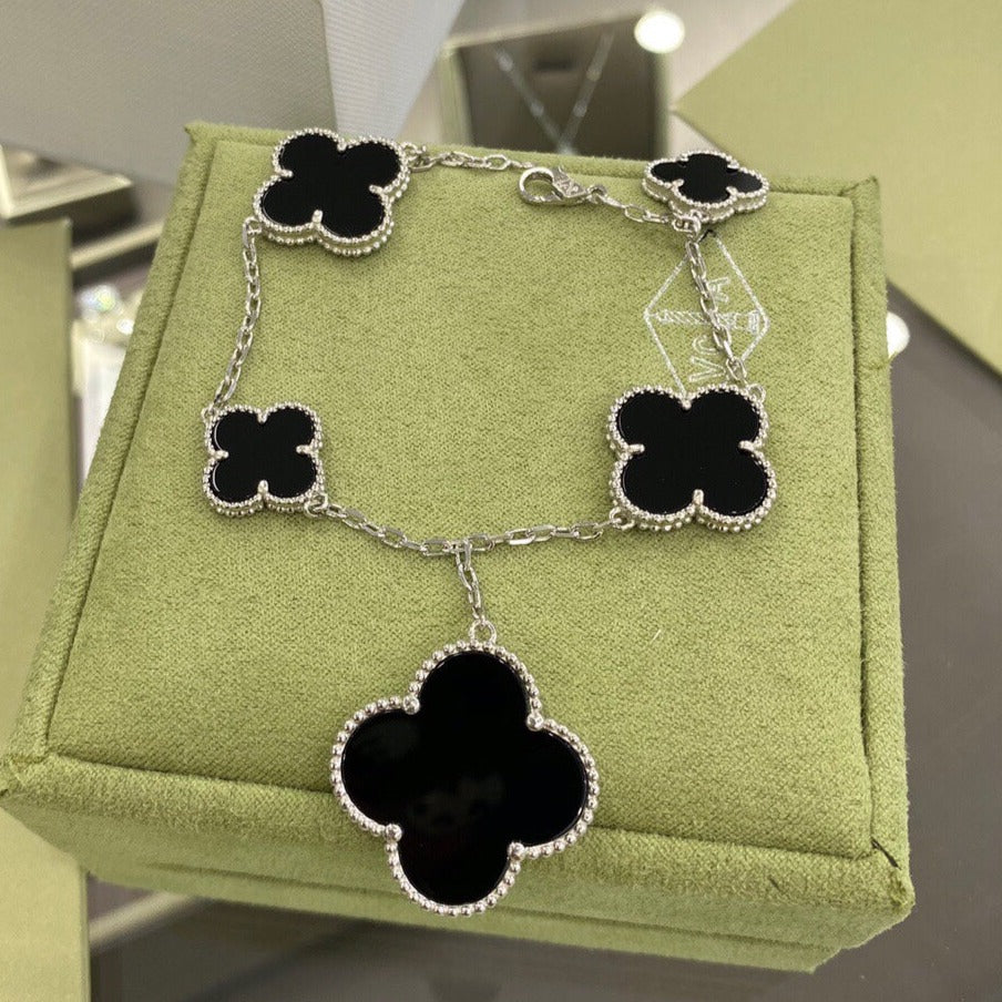 [Ornora Jewelry]CLOVER 5 MOTIFS SIVLER ONYX BRACELET