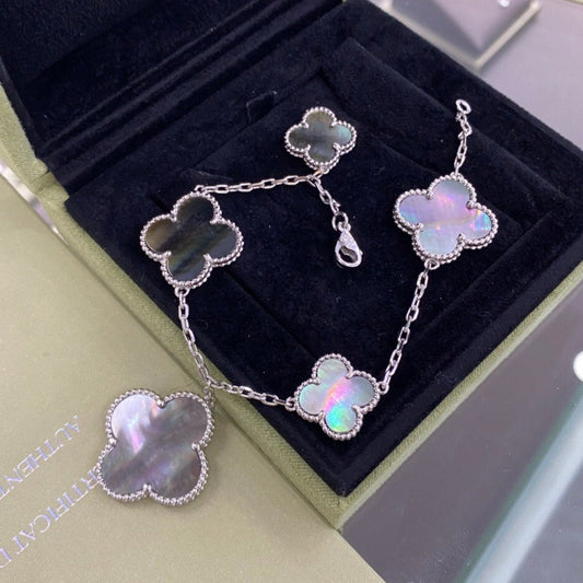 [Ornora Jewelry]CLOVER 5 MOTIFS SIVLER DARK MOP BRACELET
