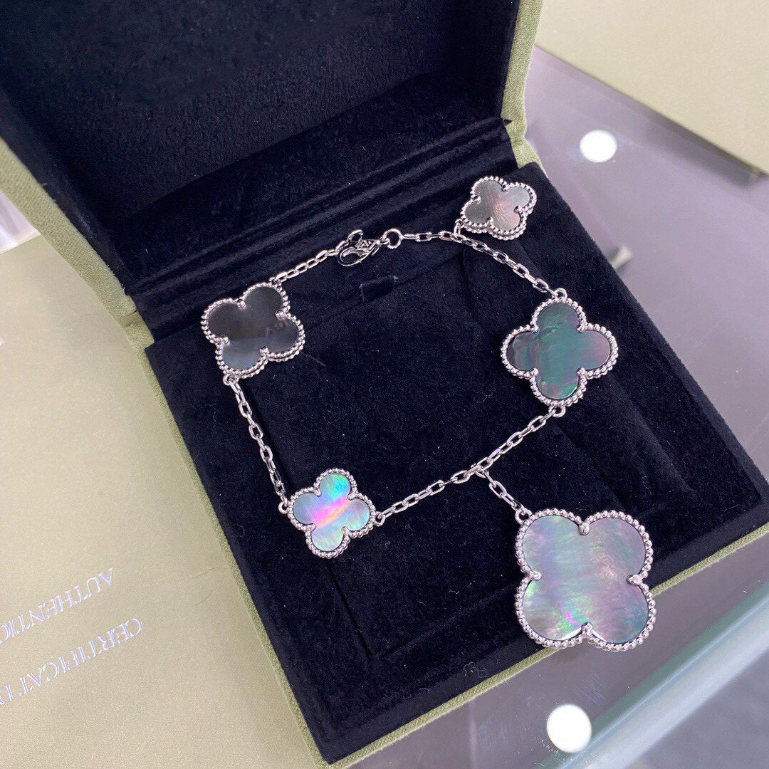 [Ornora Jewelry]CLOVER 5 MOTIFS SIVLER DARK MOP BRACELET