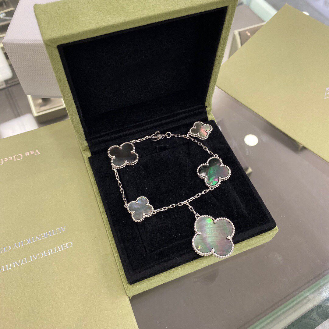 [Ornora Jewelry]CLOVER 5 MOTIFS SIVLER DARK MOP BRACELET