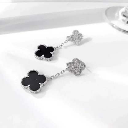 [Ornora Jewelry]CLOVER 2 MOTIFS  DIAMOND ONYX EARRINGS SILVER
