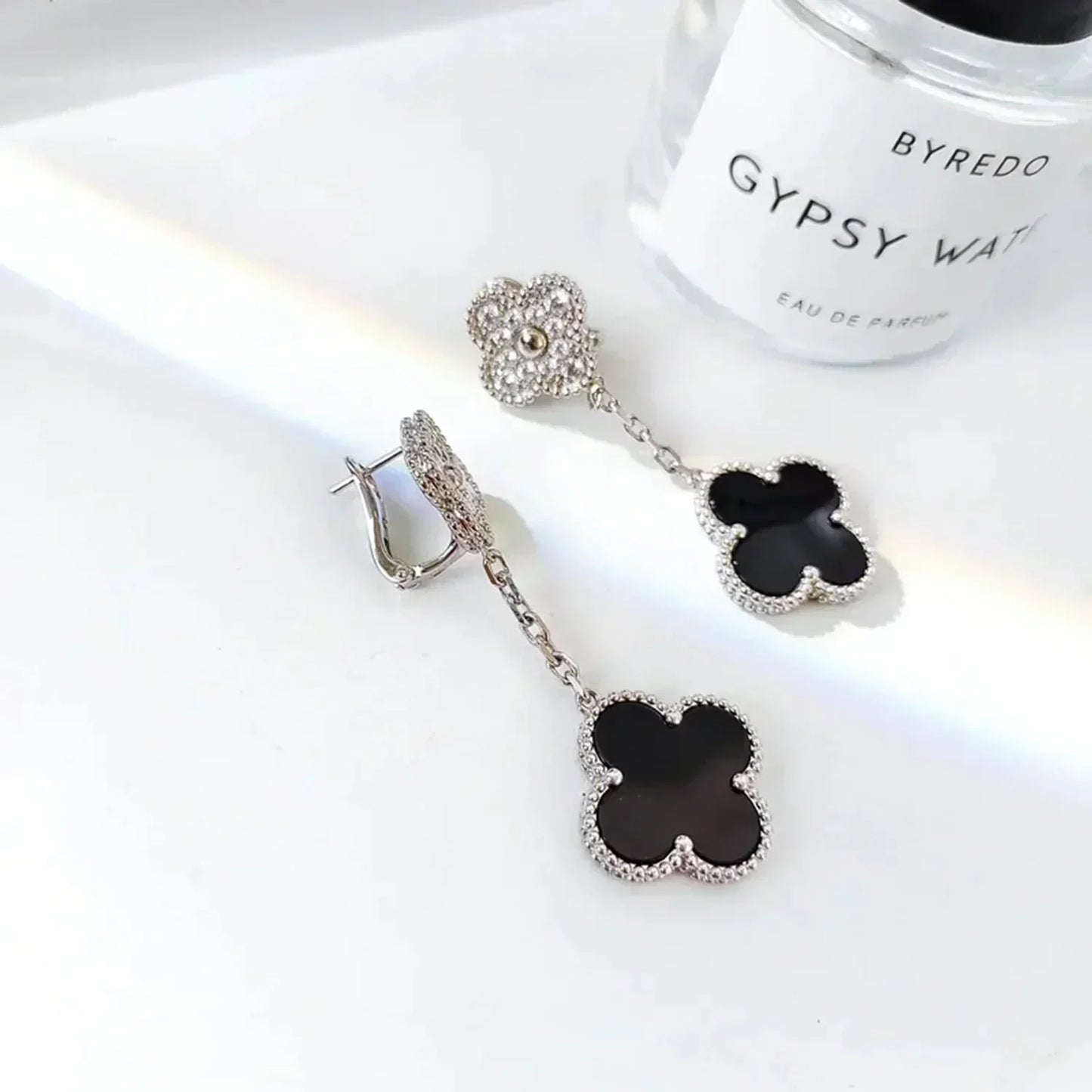 [Ornora Jewelry]CLOVER 2 MOTIFS  DIAMOND ONYX EARRINGS SILVER