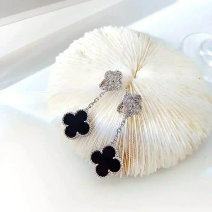 [Ornora Jewelry]CLOVER 2 MOTIFS  DIAMOND ONYX EARRINGS SILVER