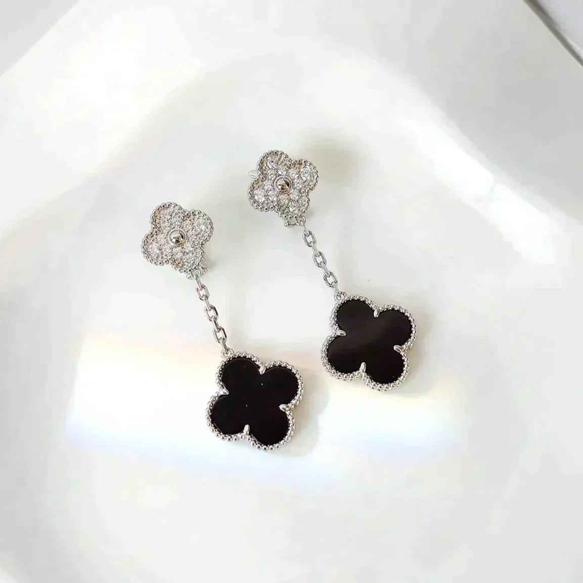 [Ornora Jewelry]CLOVER 2 MOTIFS  DIAMOND ONYX EARRINGS SILVER