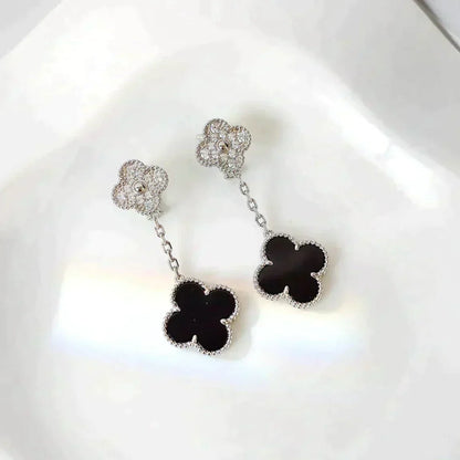 [Ornora Jewelry]CLOVER 2 MOTIFS  DIAMOND ONYX EARRINGS SILVER
