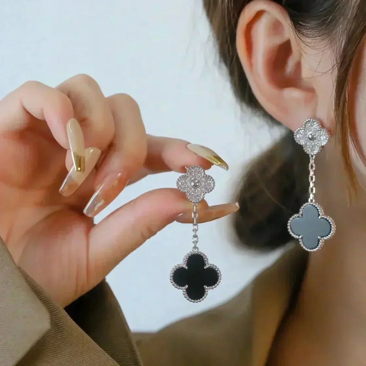 [Ornora Jewelry]CLOVER 2 MOTIFS  DIAMOND ONYX EARRINGS SILVER