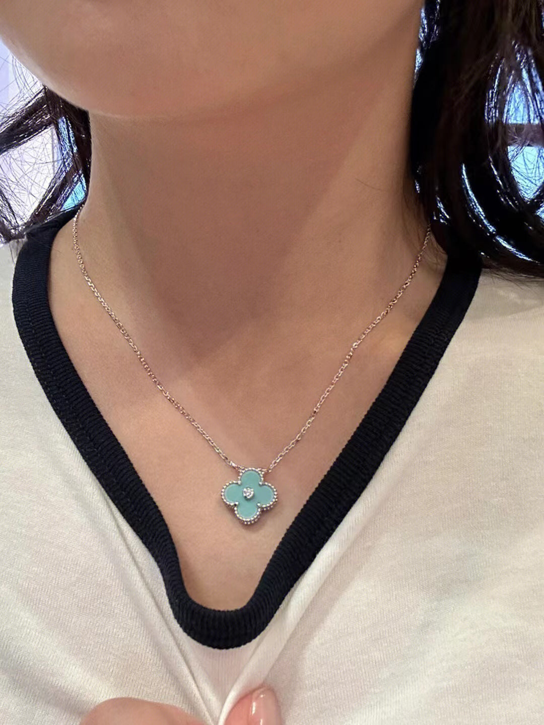 [Ornora Jewelry]CLOVER 1 DIAMOND LIGHT BLUE SILVER NECKLACE