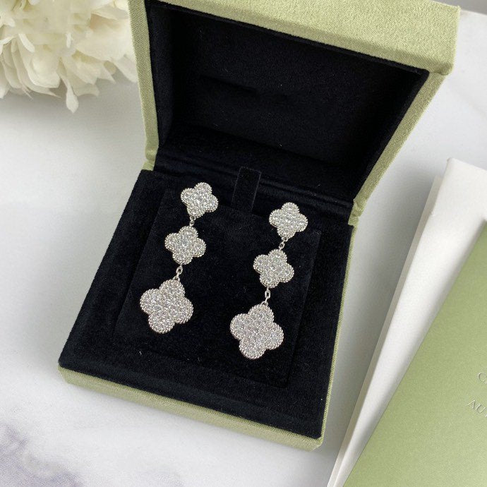 [Ornora Jewelry]CLOVER 3 MOTIF DIAMOND SILVER DROP EARRINGS