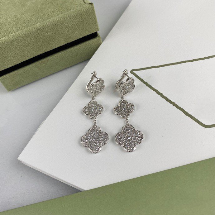 [Ornora Jewelry]CLOVER 3 MOTIF DIAMOND SILVER DROP EARRINGS