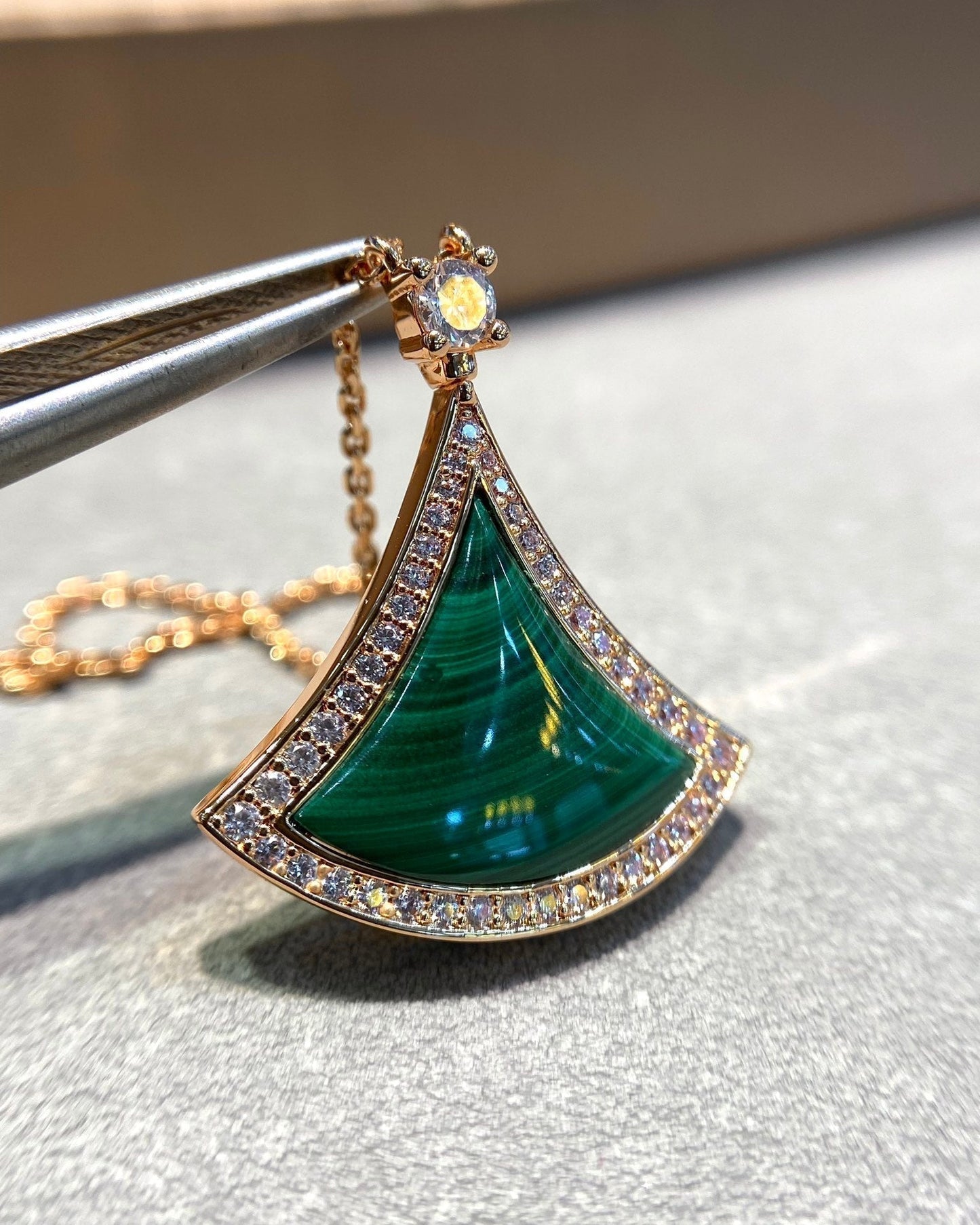 [Ornora Jewelry]DREAM MALACHITE DIAMOND PAVED PINK GOLD NECKLACE