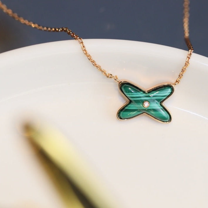 [Ornora Jewelry]JEUX MALACHITE 1 DIAMOND PINK GOLD NECKLACE
