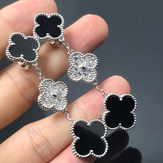 [Ornora Jewelry]CLOVER 3 MOTIF DIAMOND ONYX SILVER EARRINGS
