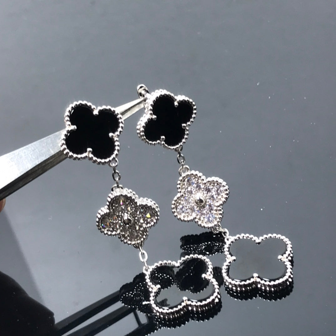 [Ornora Jewelry]CLOVER 3 MOTIF DIAMOND ONYX SILVER EARRINGS