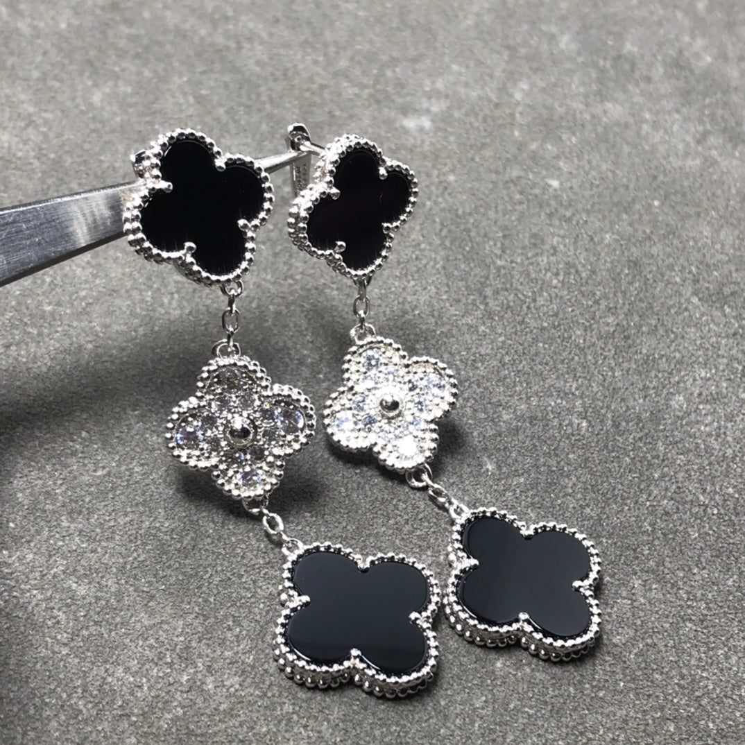 [Ornora Jewelry]CLOVER 3 MOTIF DIAMOND ONYX SILVER EARRINGS