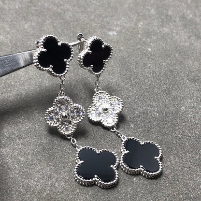[Ornora Jewelry]CLOVER 3 MOTIF DIAMOND ONYX SILVER EARRINGS