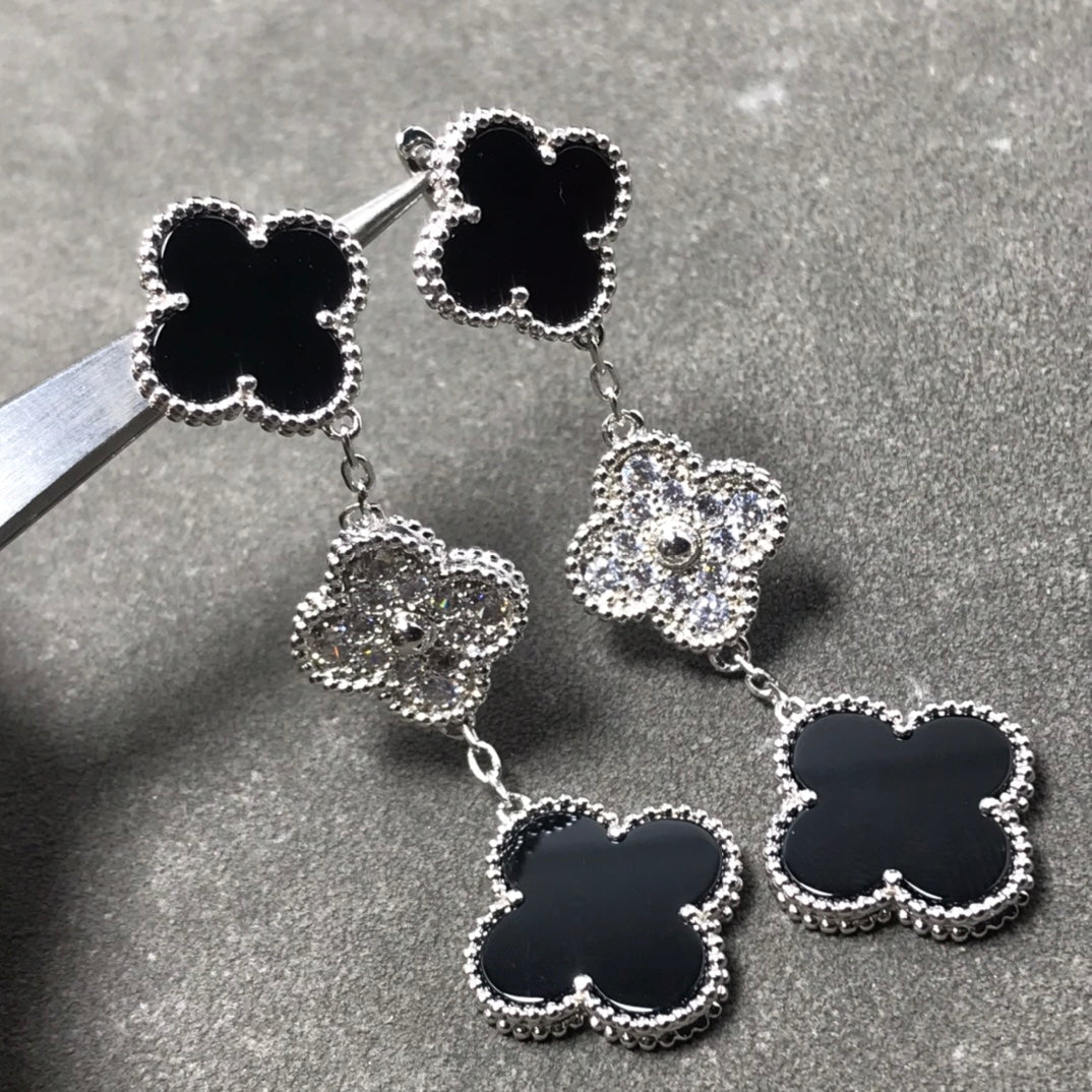[Ornora Jewelry]CLOVER 3 MOTIF DIAMOND ONYX SILVER EARRINGS
