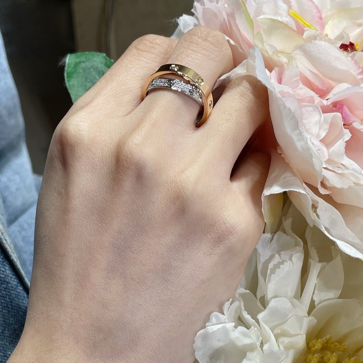 [Ornora Jewelry]LOVE PINK GOLD SILVER DIAMOND DOUBLE RING