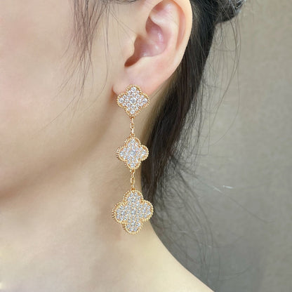 [Ornora Jewelry]CLOVER 3 MOTIFS DIAMOND PAVED ROSE GOLD EARRINGS