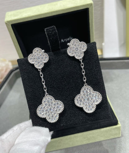 [Ornora Jewelry]CLOVER 2 MOTIFS DIAMOND PAVED SILVER EARRINGS