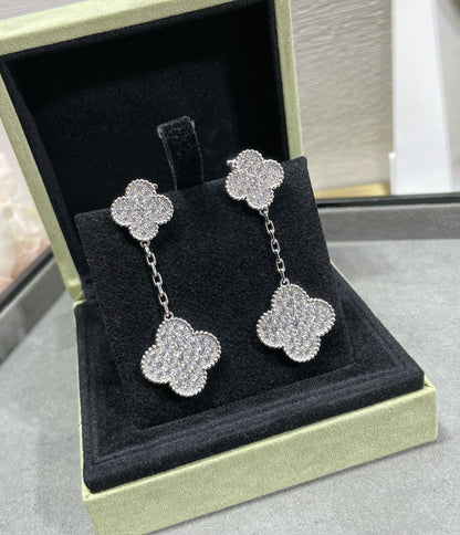 [Ornora Jewelry]CLOVER 2 MOTIFS DIAMOND PAVED SILVER EARRINGS