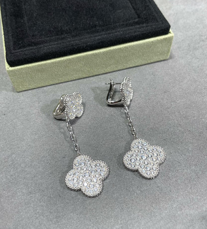 [Ornora Jewelry]CLOVER 2 MOTIFS DIAMOND PAVED SILVER EARRINGS