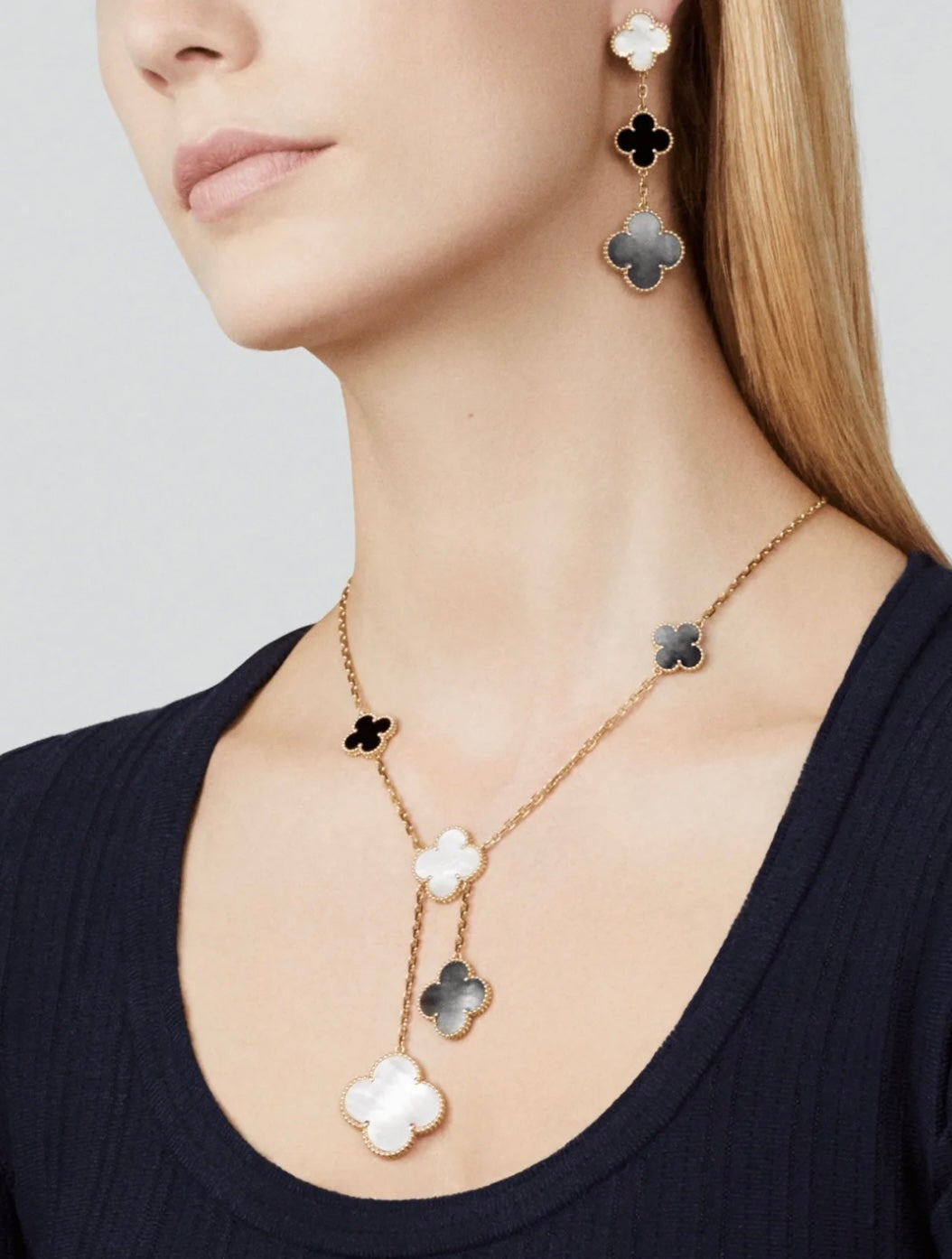 [Ornora Jewelry]CLOVER 3 MOTIF MOP ONYX DARK MOP PINK GOLD EARRINGS