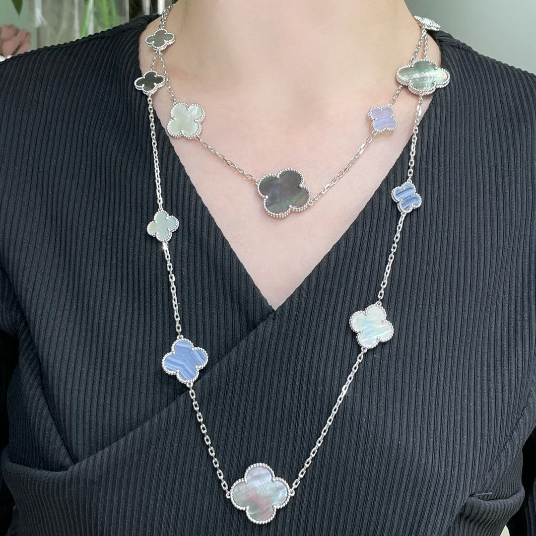 [Ornora Jewelry]CLOVER 16 MOTIF CHALCEDONY MOP SILVER NECKLACE