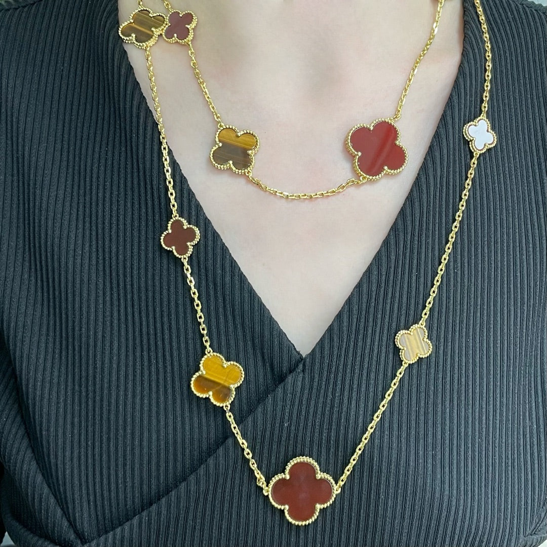[Ornora Jewelry]CLOVER 16 MOTIF CARNELIAN TIGER EYE ROSE GOLD NECKLACE