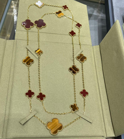 [Ornora Jewelry]CLOVER 16 MOTIF CARNELIAN TIGER EYE ROSE GOLD NECKLACE