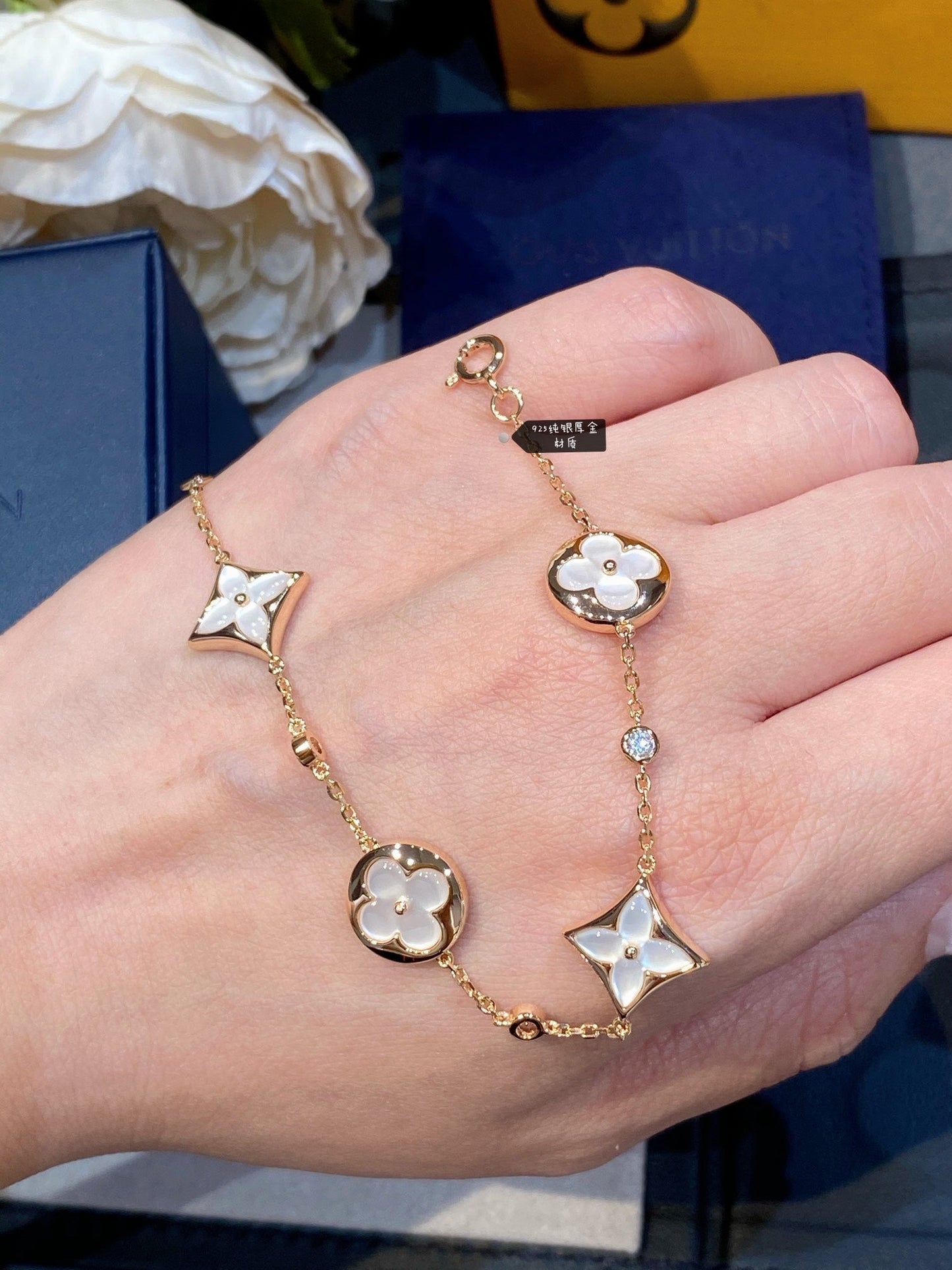 [Ornora Jewelry]STAR AND SUN 4 MOTIF WHITE MOP PINK GOLD BRACELET