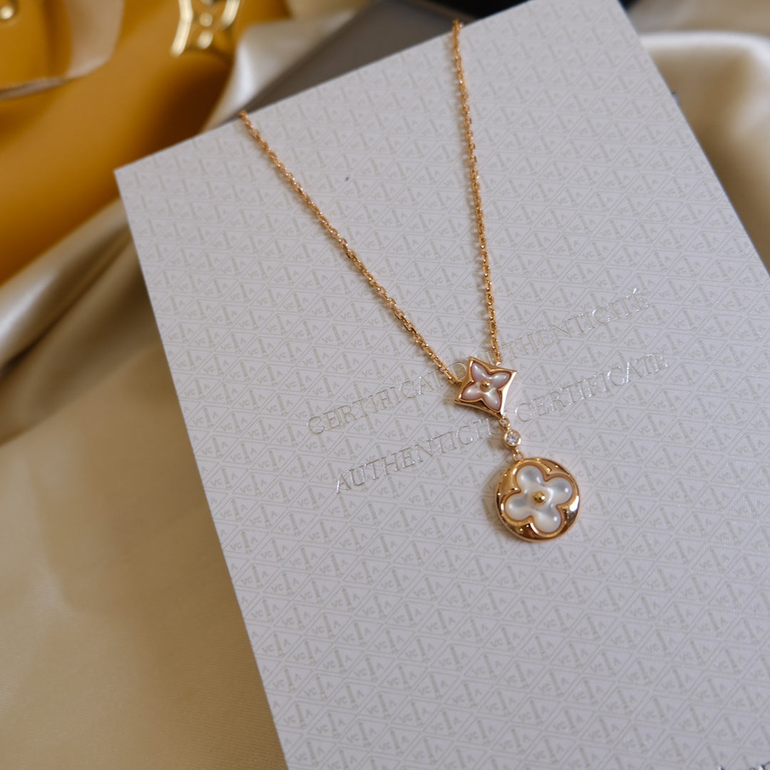 [Ornora Jewelry]STAR AND SUN WHITE MOP 2 MOTIF PINK GOLD NECKLACE
