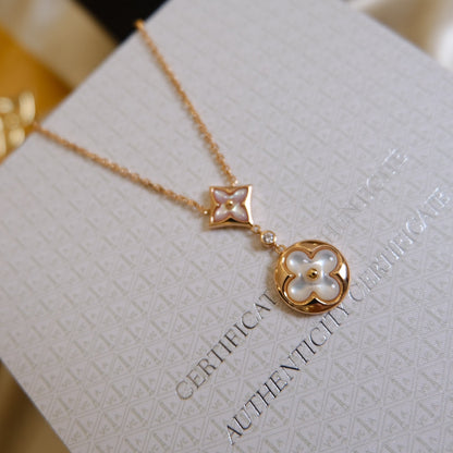 [Ornora Jewelry]STAR AND SUN WHITE MOP 2 MOTIF PINK GOLD NECKLACE