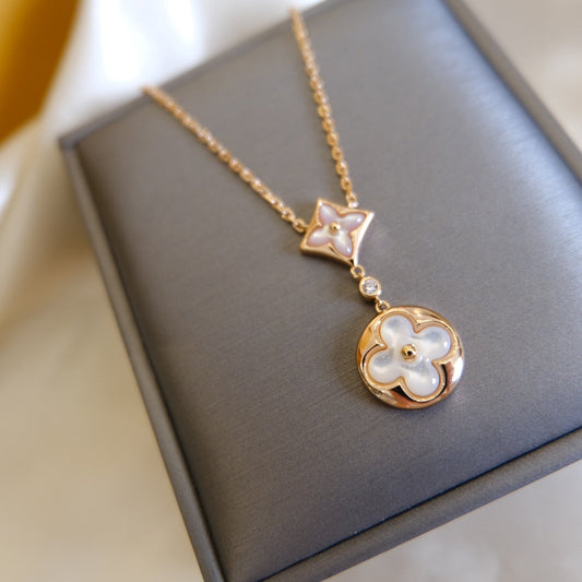 [Ornora Jewelry]STAR AND SUN WHITE MOP 2 MOTIF PINK GOLD NECKLACE