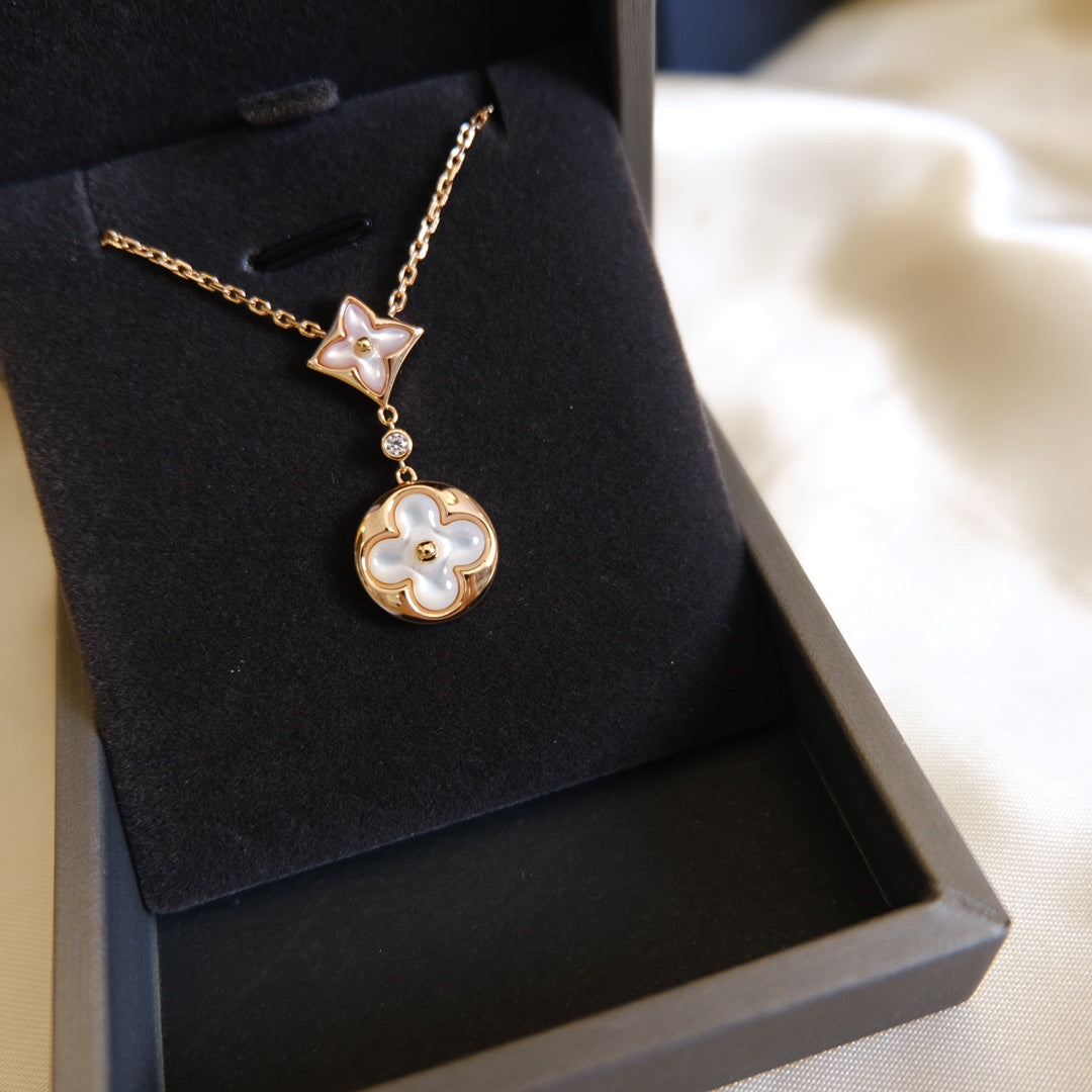 [Ornora Jewelry]STAR AND SUN WHITE MOP 2 MOTIF PINK GOLD NECKLACE