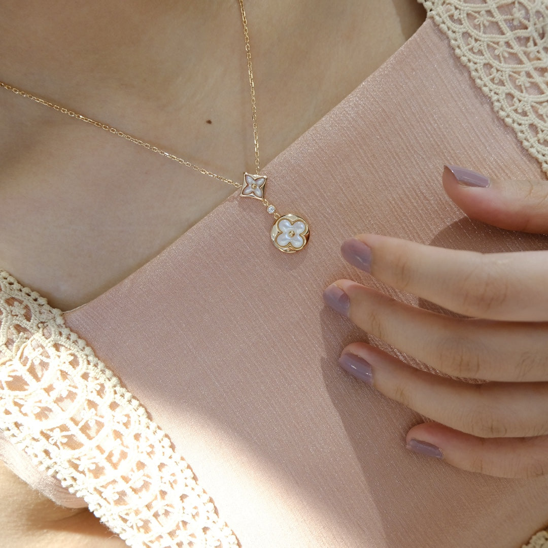 [Ornora Jewelry]STAR AND SUN WHITE MOP 2 MOTIF PINK GOLD NECKLACE