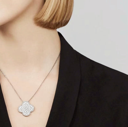 [Ornora Jewelry]CLOVER 25MM LARGE PENDANT DIAMOND PAVED SILVER NECKLACE