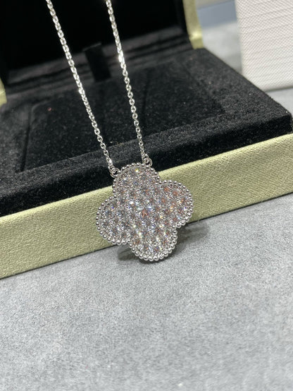 [Ornora Jewelry]CLOVER 25MM LARGE PENDANT DIAMOND PAVED SILVER NECKLACE